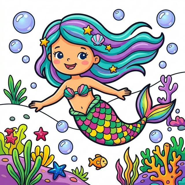 Cute cartoon happy beautiful mermaid swimming underwater with long flowing hair sparkling scaly tail and friendly smiling face coloring page for kids — free printable