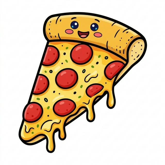 Cute cartoon slice of pizza with thick crust pepperoni and melting cheese with smiling face coloring page for kids — free printable