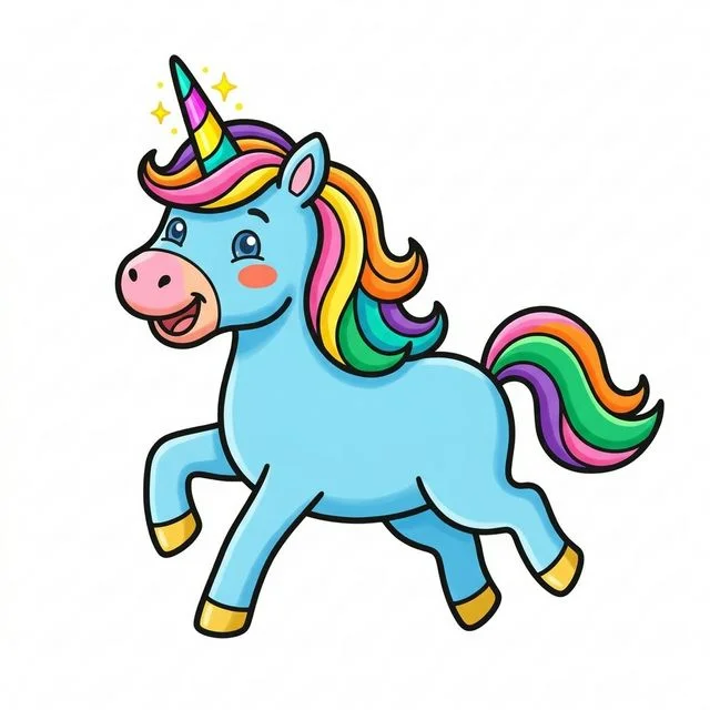Cute cartoon happy friendly unicorn prancing with sparkling magic horn flowing mane and tail and big smile coloring page for kids — free printable