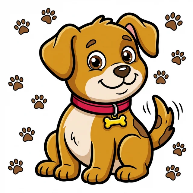Cute puppy dog with collar and paw prints coloring page for kids