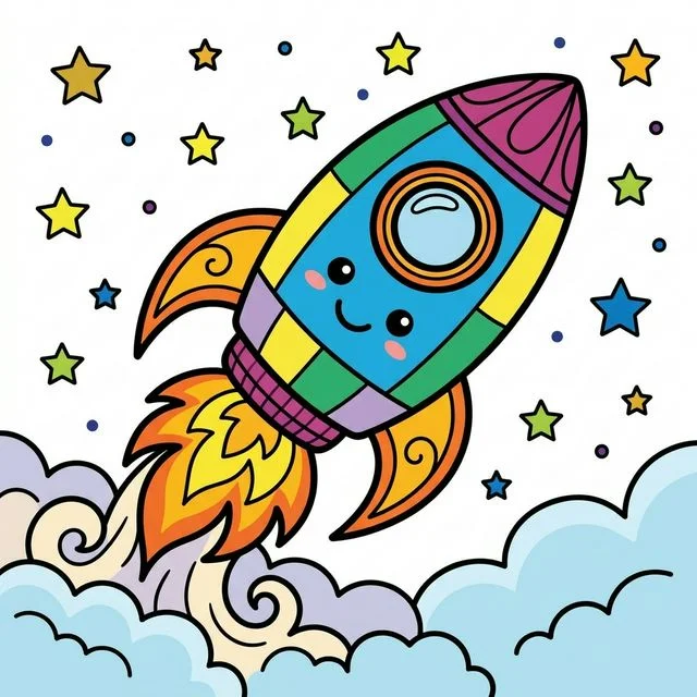 Cute cartoon happy rocket ship blasting off into space with round windows cool tail fins bright fire small stars and clouds coloring page for kids — free printable