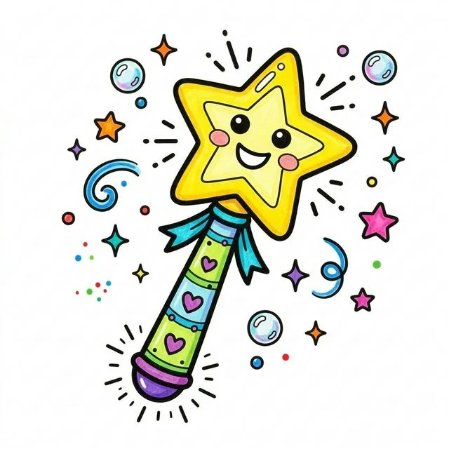 Cute cartoon happy sparkling magic wand with giant star on top twinkling magical stars floating bubbles and big funny smiling face coloring page for kids — free printable