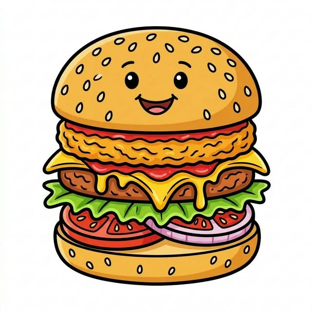 Cute cartoon tall hamburger with seeded bun thick patty cheese lettuce tomato and smiling face coloring page for kids — free printable