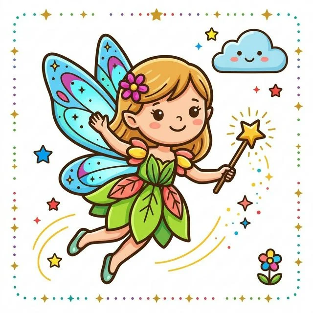 Cute cartoon happy tiny fairy flying with delicate sparkling magic wings wearing flower petal dress holding glowing magic wand and friendly smiling face coloring page for kids — free printable