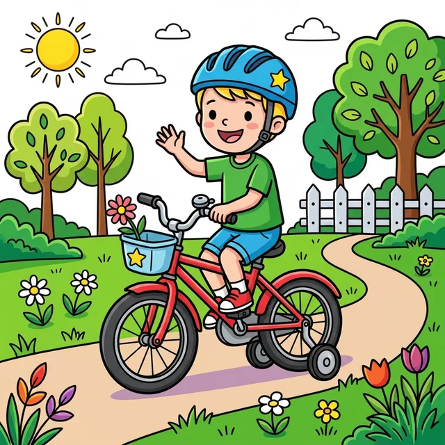 Kid riding bicycle in park coloring page
