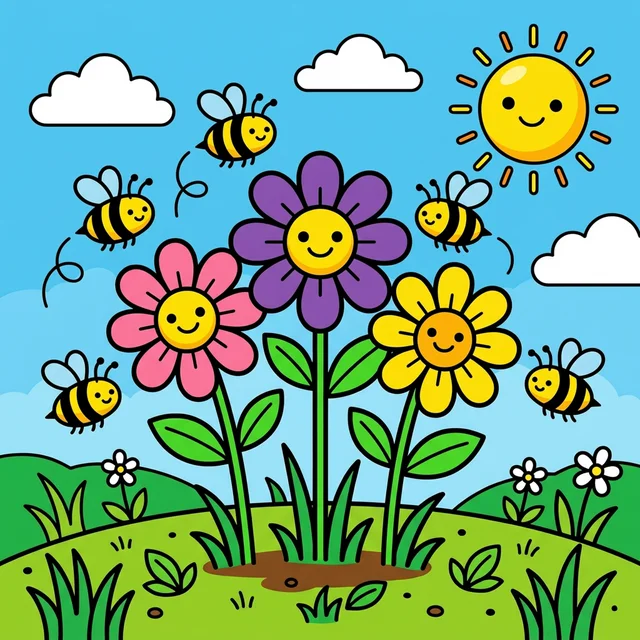 Pretty daisy flowers in a sunny field coloring page.