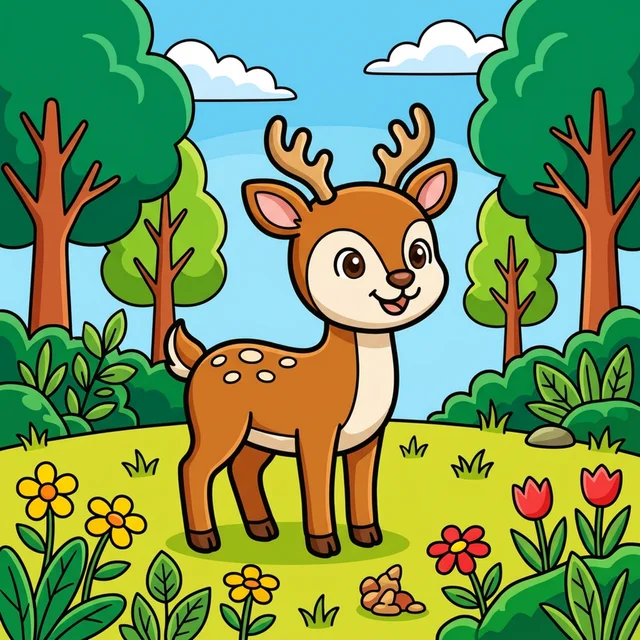 A cute deer standing in a forest meadow coloring page.
