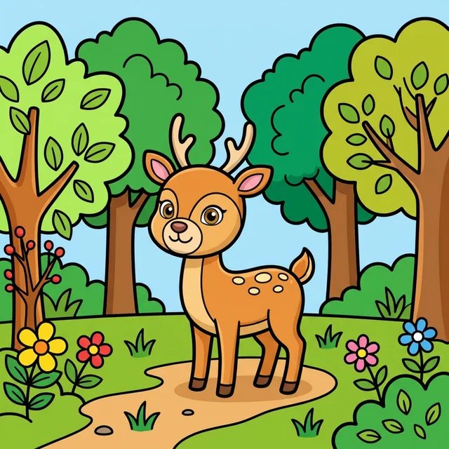 Deer in forest coloring page for kids