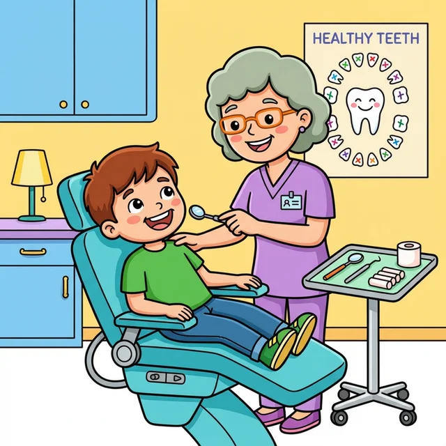Friendly dentist checking kid teeth coloring page