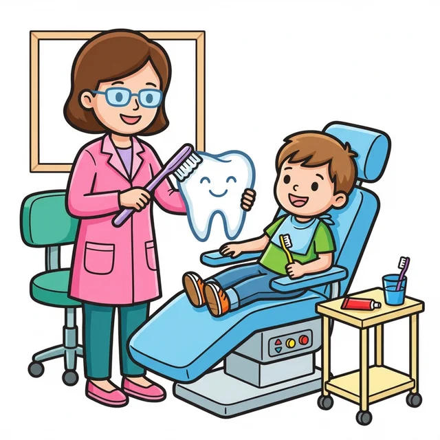 Kid at dentist learning to brush teeth coloring page