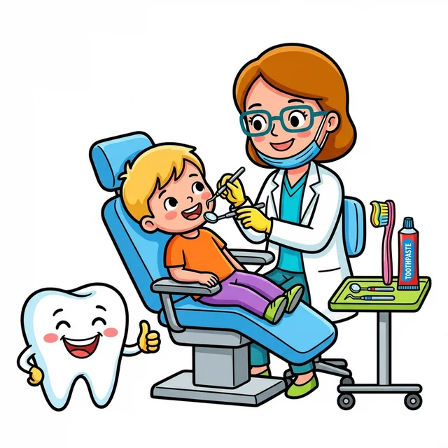 Friendly dentist examining kid patient in dental chair with smiling tooth coloring page
