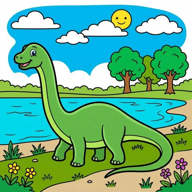 Diplodocus with long neck and tail walking beside lake coloring page for kids — free printable