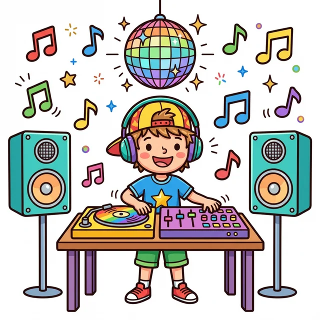 Cool kid DJ mixing music at turntable coloring page