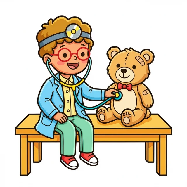 Kid doctor examining teddy bear patient coloring page