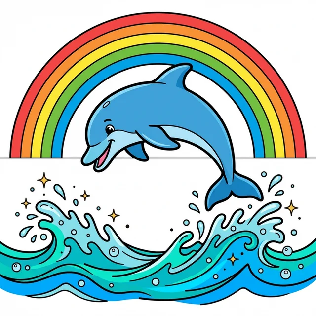 Dolphin doing backflip with rainbow coloring page for kids