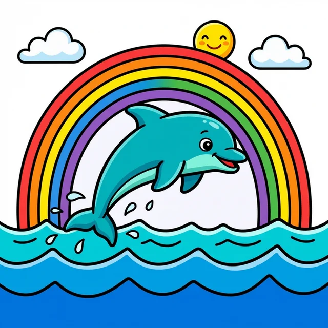 A dolphin jumping out of the ocean with a rainbow coloring page.