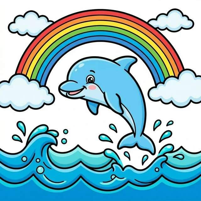 Dolphin jumping out of ocean waves with rainbow coloring page for kids — free printable