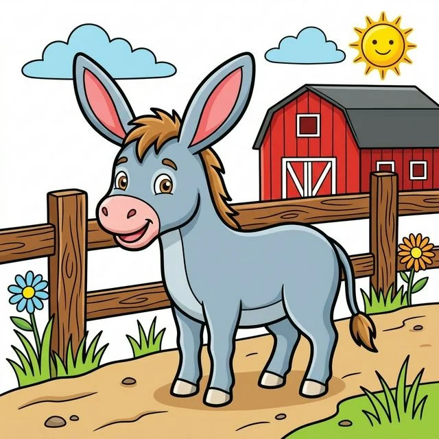 Donkey with big floppy ears by farm fence coloring page for kids — free printable
