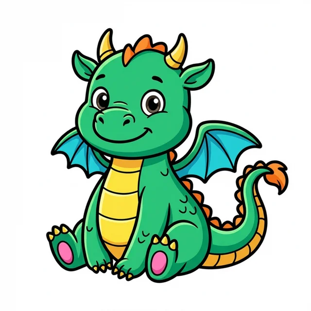 A cute friendly baby dragon sitting with wings coloring page.