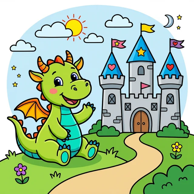 Friendly dragon next to fairytale castle coloring page for kids