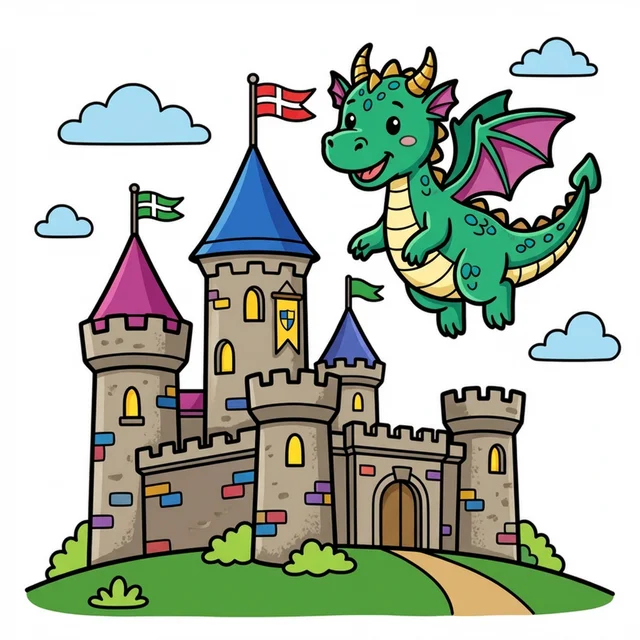 A dragon flying around a medieval castle with towers coloring page.