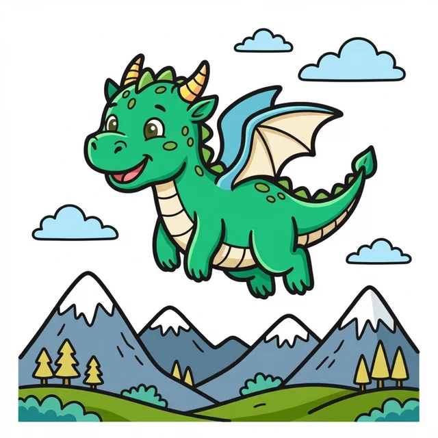 Friendly baby dragon flying over mountains coloring page