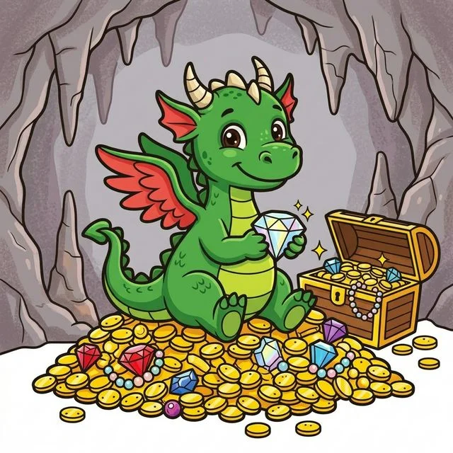 Friendly dragon guarding treasure in cave coloring page for kids