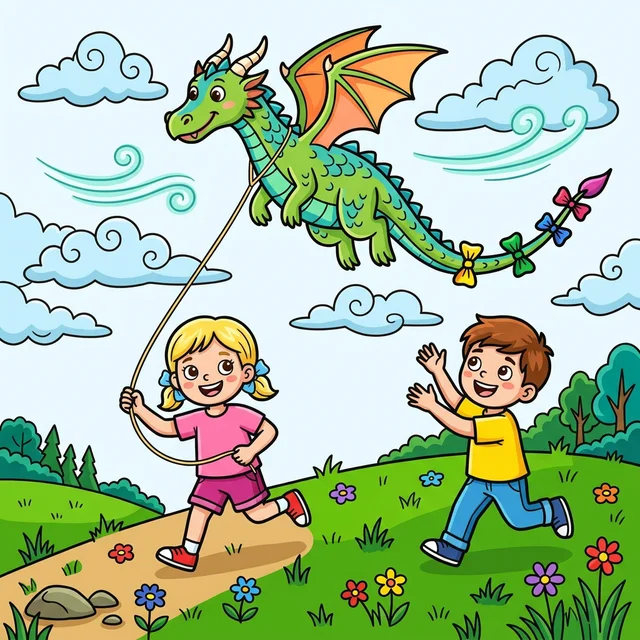 Kid flying big dragon kite on windy hilltop coloring page