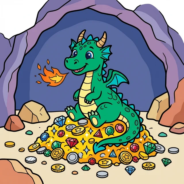 Dragon guarding treasure pile in cave coloring page