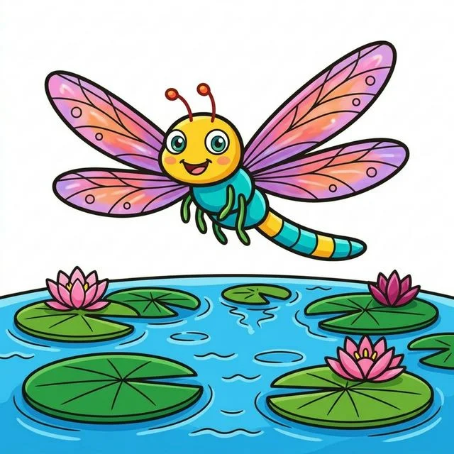 Dragonfly with four wings hovering over pond with lily pads coloring page for kids — free printable