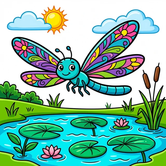 Cute dragonfly flying over pond with lily pads coloring page for kids