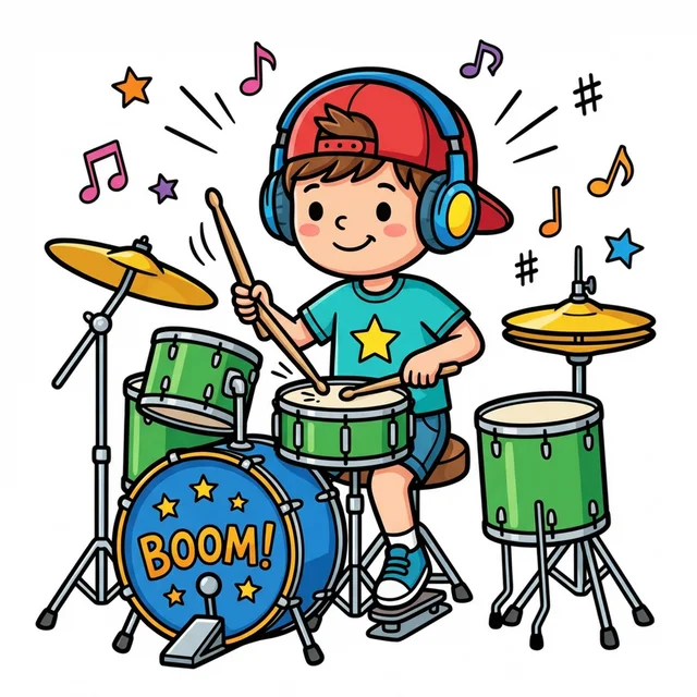 Kid playing drums with music notes coloring page