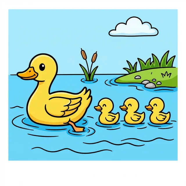 Mother duck with baby ducklings on pond coloring page for kids
