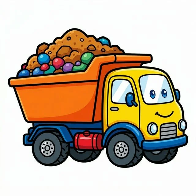 Dump truck carrying big load of dirt and rocks in back bed coloring page for kids — free printable