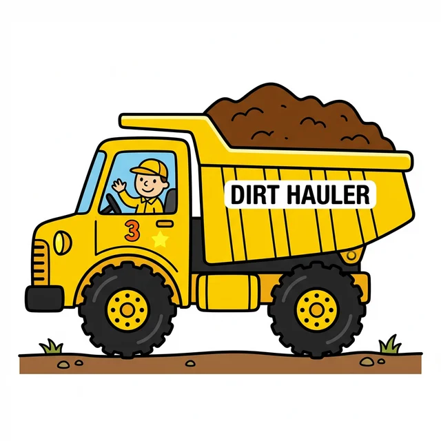 A big cartoon dump truck carrying dirt coloring page.