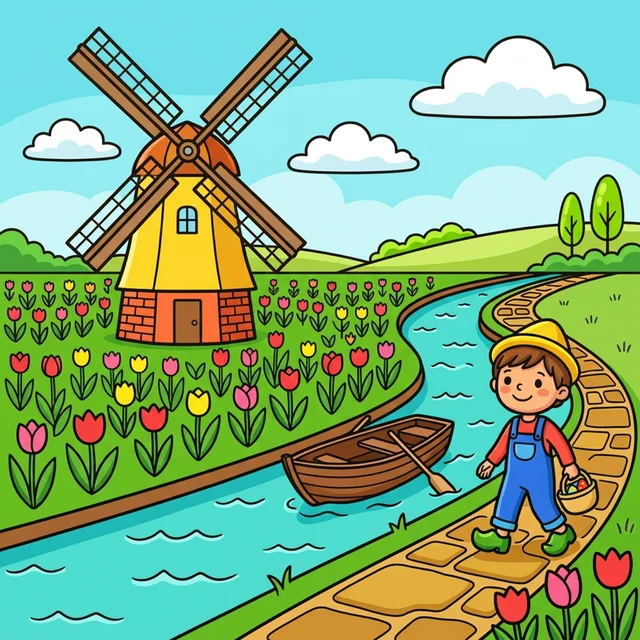 Dutch windmill in colorful tulip field coloring page
