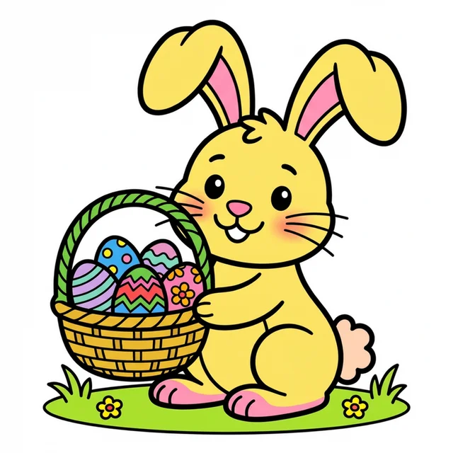 An Easter bunny with a basket of decorated eggs coloring page.