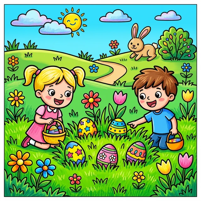 Easter eggs hidden in garden flowers coloring page.