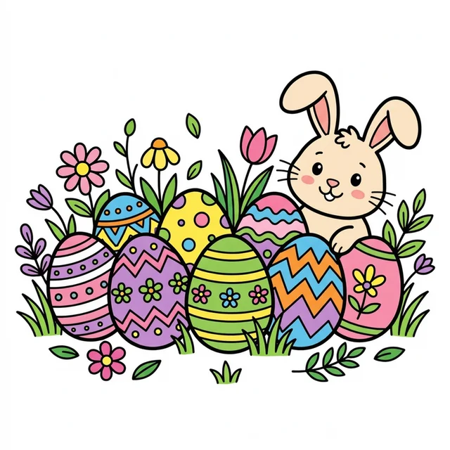 Decorated Easter eggs with cute bunny and spring flowers coloring page