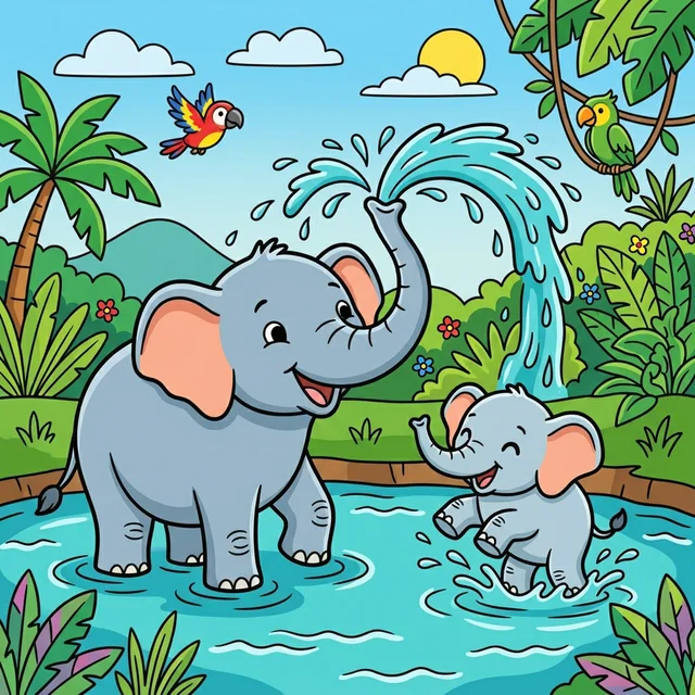 Elephant spraying water while bathing in river with baby coloring page