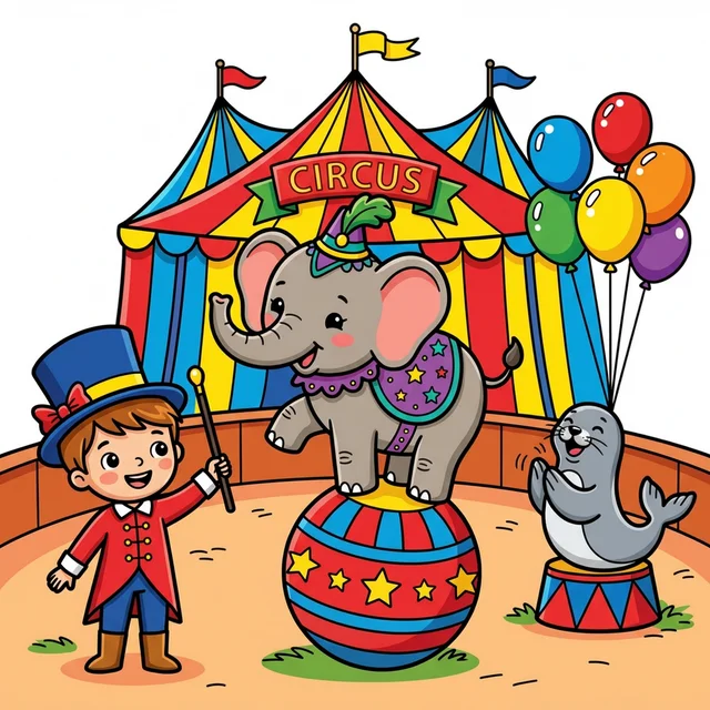 Baby elephant balancing on ball in circus ring with ringmaster kid coloring page