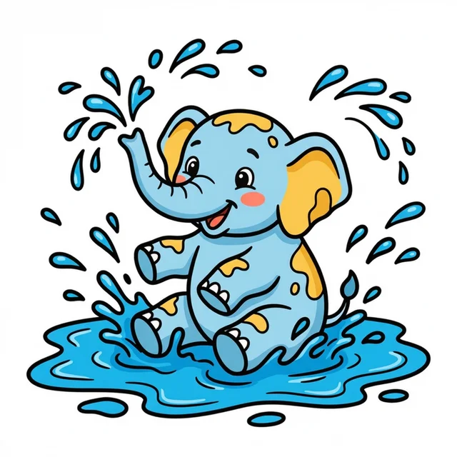 Baby elephant splashing in mud puddle coloring page