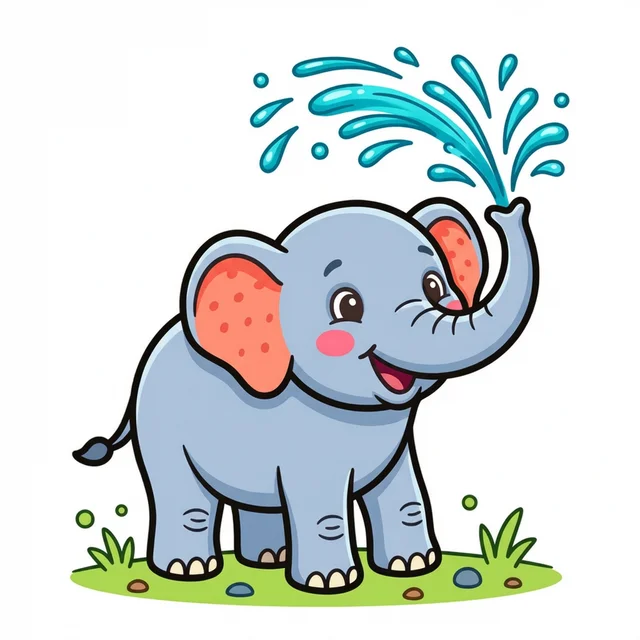 Cute elephant spraying water coloring page for kids