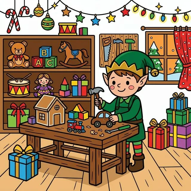 Elf making toys in workshop with presents coloring page for kids