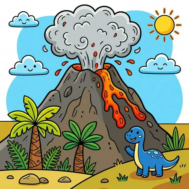 Large cool mountain volcano erupting with a big friendly puff of smoke and a cute little waving dinosaur nearby coloring page for kids