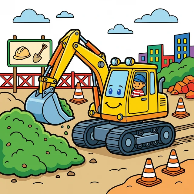An excavator digging at a construction site coloring page.