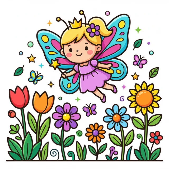 A fairy with butterfly wings in a magical garden coloring page.