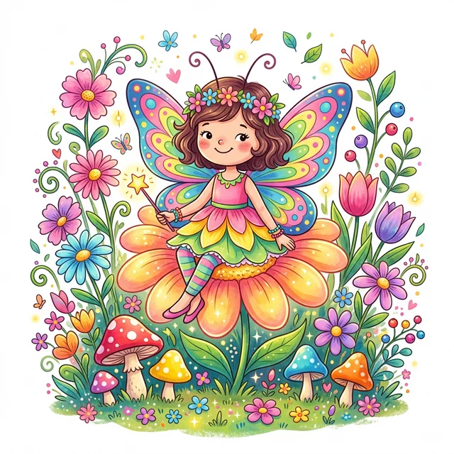 Fairy garden flowers coloring page for kids
