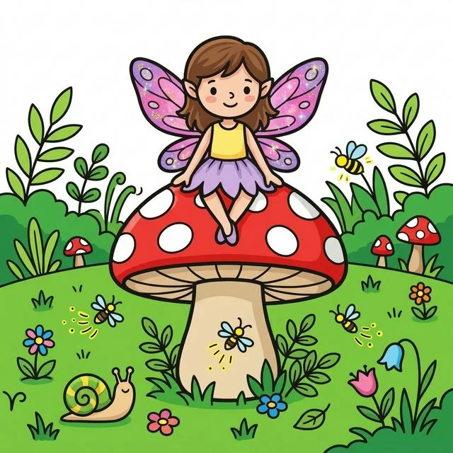 Fairy with sparkly wings on giant mushroom in enchanted garden coloring page