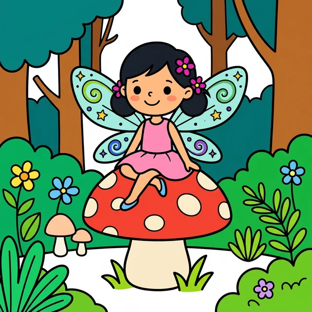 Cute fairy sitting on mushroom in enchanted forest coloring page for kids